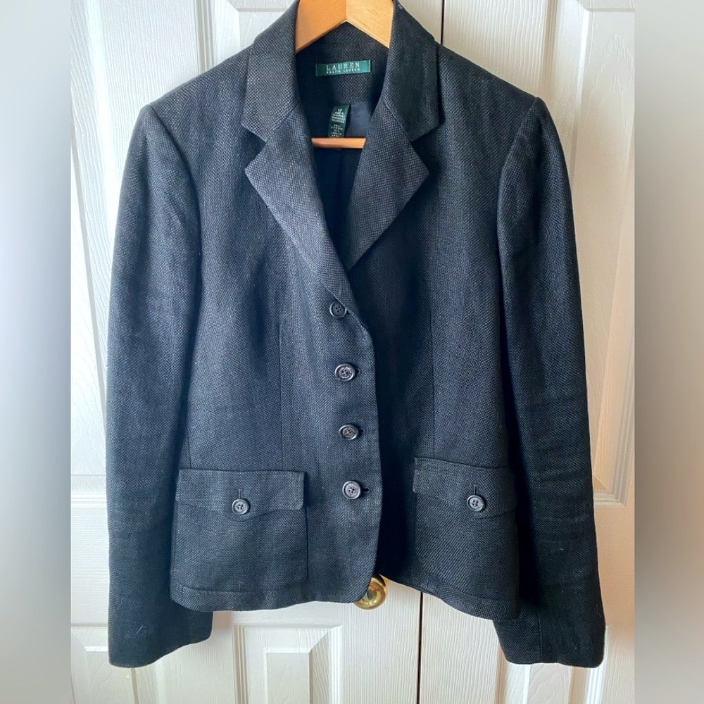 Lauren Ralph Lauren Black 100% Linen Tonal Tweed Tailored‎  Blazer Jacket SZ 12